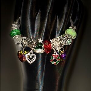 Silver Christmas Charm Bracelet with Multicolor Accents